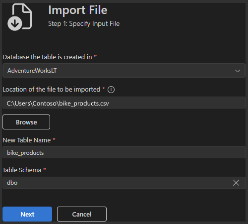 入力ファイルの構成を示すファイルのインポート ウィザードの手順 1 のスクリーンショット。