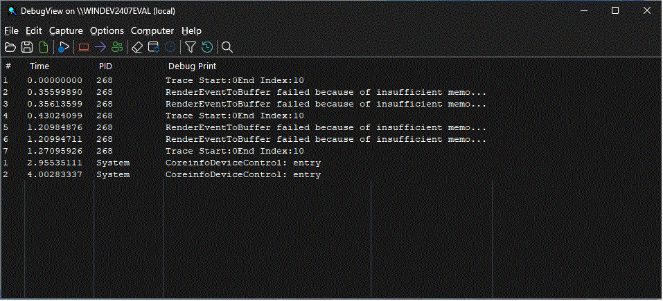 DebugView のスクリーンショット