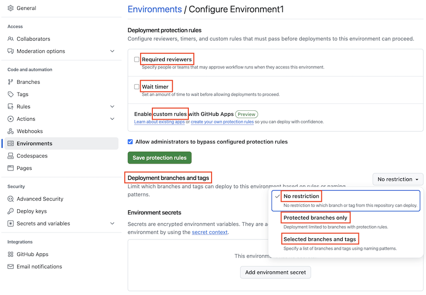 レビュー担当者、待機タイマー、カスタム ルール、ブランチ制限のオプションを含む Environment1 を構成するための [設定] ページを示すスクリーンショット。