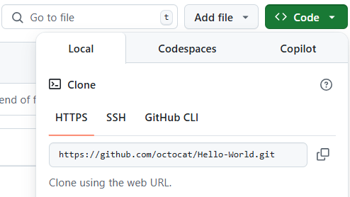 クローン オプションを含む [コード] ボタンドロップダウン メニューのスクリーンショット。
