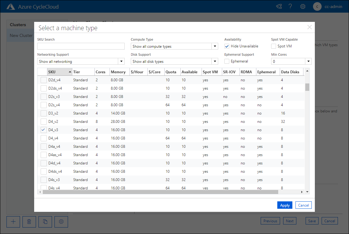 Azure CycleCloud Web アプリケーションの [新しい Slurm クラスター] ページの [マシンの種類の選択] ポップアップ ウィンドウ タブを示すスクリーンショット。