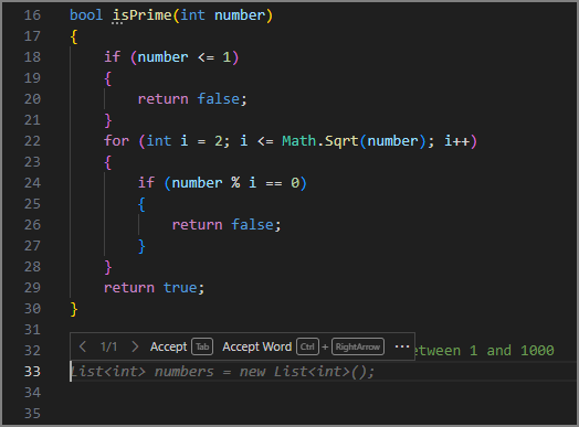 上のコメントに基づいて、最初のコード行のゴースト テキスト候補を示すVisual Studio Code エディターのスクリーンショット。