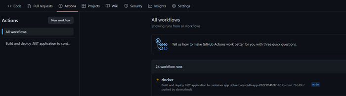 GitHub アクション ワークフローを示すスクリーンショット。