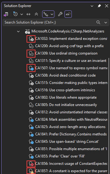 ソリューション エクスプローラーのアナライザー診断の重大度アイコンを示すスクリーンショット。