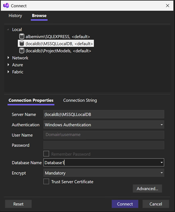 SQL Server オブジェクト エクスプローラーの [接続] ダイアログのスクリーンショット。
