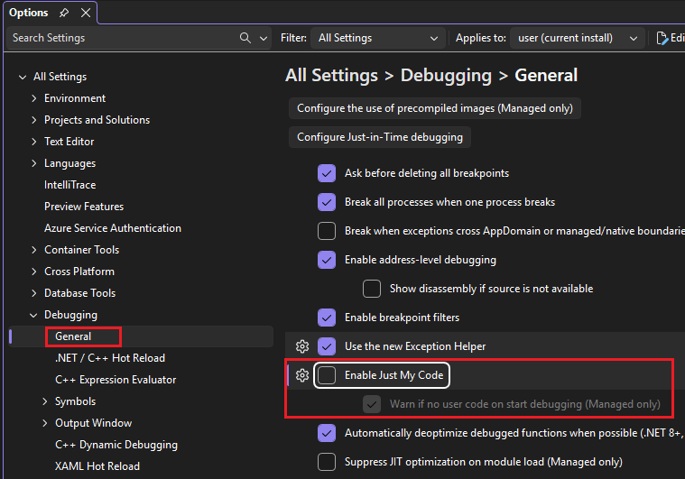 Visual Studio のデバッグ設定のスクリーンショット。