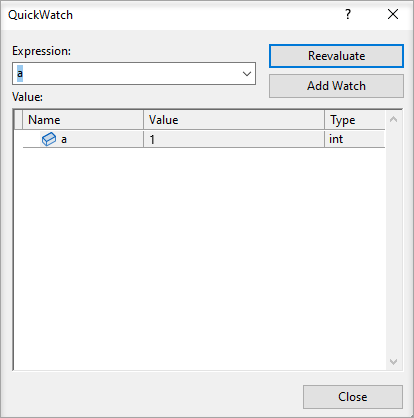 QuickWatch 変数のスクリーンショット。
