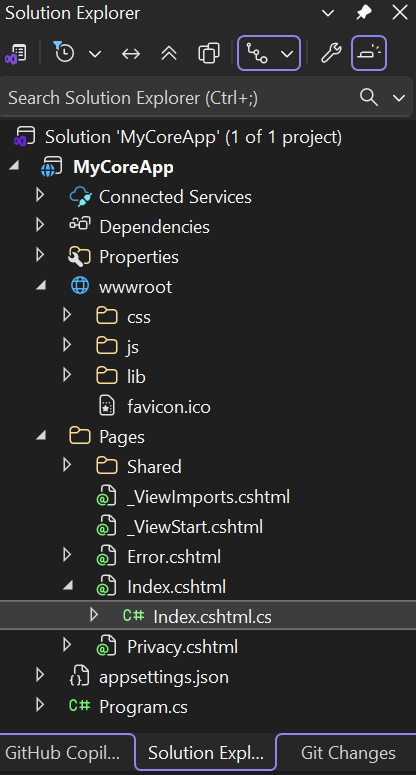 スクリーンショットは、Visual Studio のソリューション エクスプローラーで選択された w w ルート フォルダーを示しています。