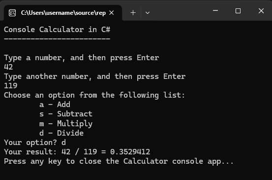 結果として 10 進数を返す電卓アプリを示すコンソール ウィンドウのスクリーンショット。