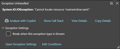 System.IO.IOException とメッセージを示す [出力] ウィンドウのスクリーンショット。リソース mainwindow.xaml が見つかりません。