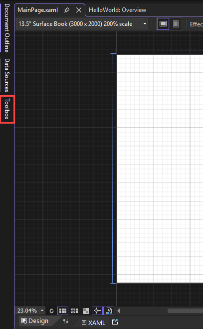 XAML デザイナー ウィンドウの左側で強調表示されている [ツールボックス] ポップアップ ウィンドウのタブを示すスクリーンショット。