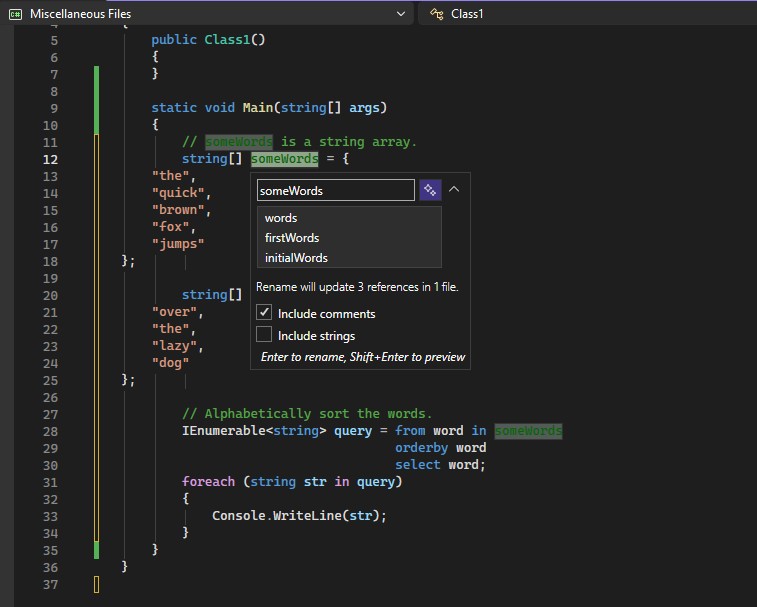 Visual Studio のエディター内の [名前の変更] ポップアップ ボックスのスクリーンショット。