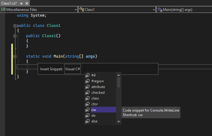 C# コード スニペット リストの IntelliSense ポップアップのスクリーンショット。
