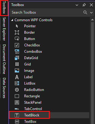 共通の WPF コントロール一覧で TextBlock コントロールが強調表示されているツールボックスウィンドウを示すスクリーンショット