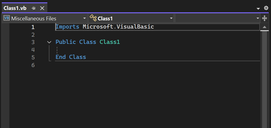 Visual Studio のコードエディターで、新しい Visual Basic クラスファイルのスクリーンショット