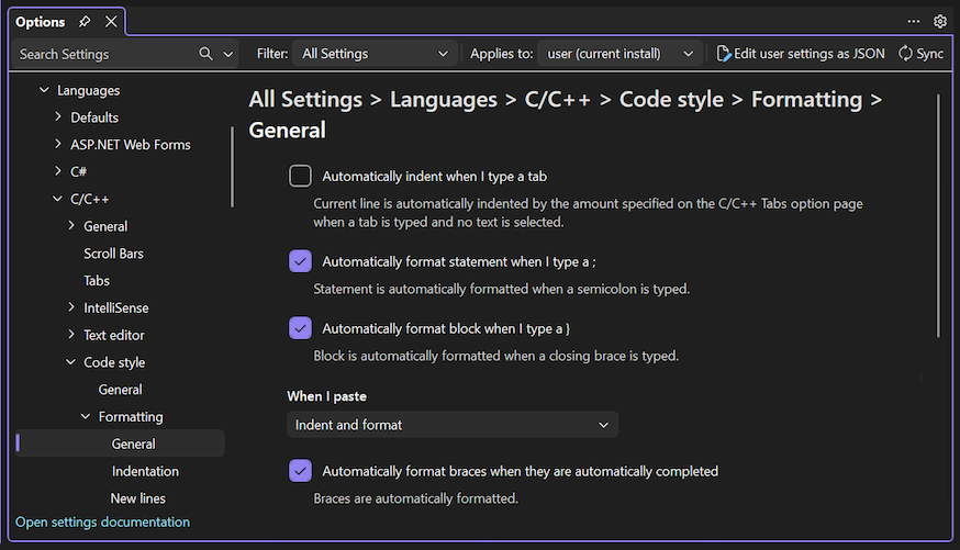 C および C++ コード スタイルの一般的な書式設定オプションのスクリーンショット。