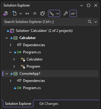 Visual Studio ソリューション エクスプローラーの 2 つのプロジェクトのスクリーンショット。