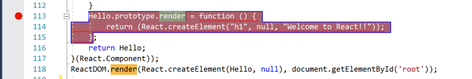 Visual Studio Code ウィンドウのスクリーンショット。return ステートメントが選択され、左側の余白に赤いドットがブレークポイントが設定されていることを示します。