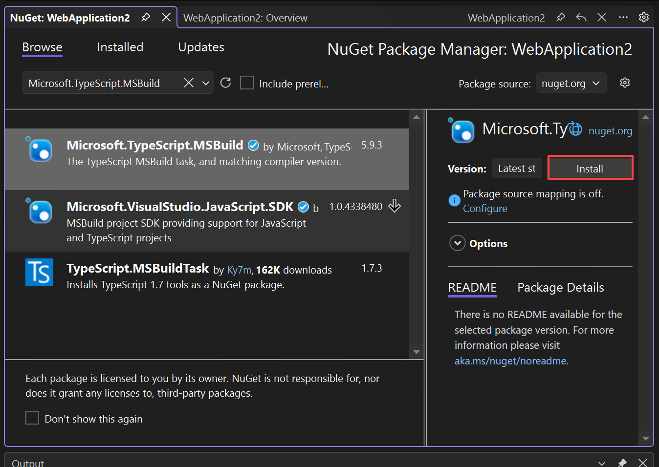 NuGet パッケージをインストールする方法を示すスクリーンショット。