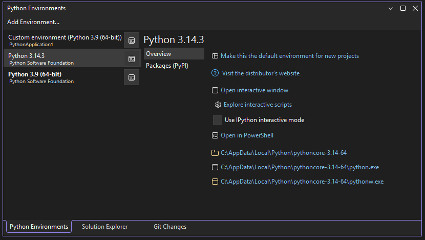 Visual Studio の [Python 環境] ウィンドウの展開ビューを示すスクリーンショット。