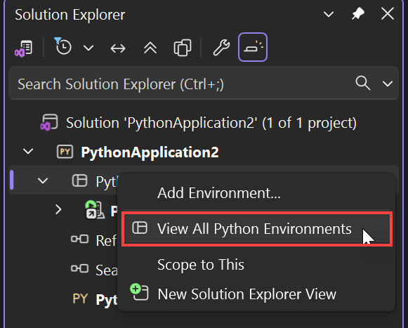 ソリューション エクスプローラーの [すべての Python 環境の表示] コマンドのスクリーンショット。