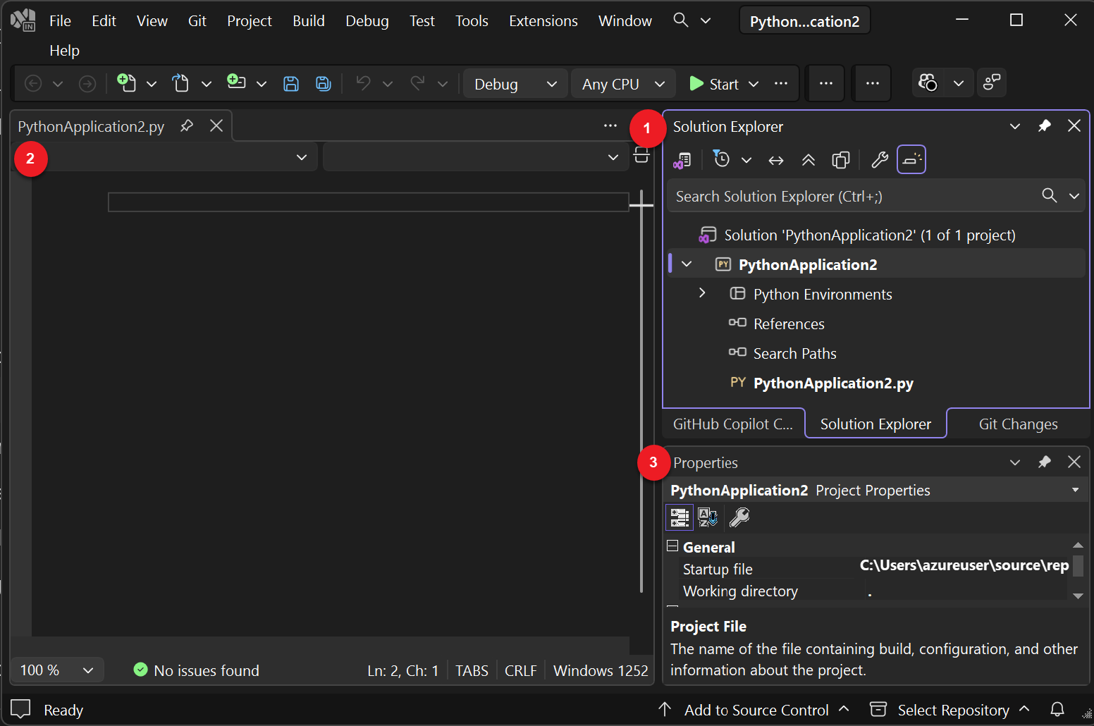 Visual Studio で開かれた新しいプロジェクトを示すスクリーンショット。
