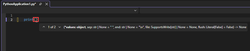 Visual Studio のエディターでの印刷関数の IntelliSense オートコンプリート オプションを示すスクリーンショット。