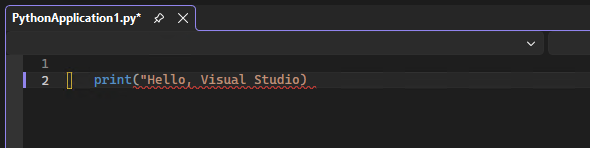 Visual Studio のエディターでの IntelliSense 構文の色分けとエラーの強調表示を示すスクリーンショット。