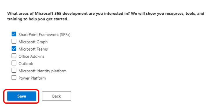 Microsoft 365 開発者向け領域の選択