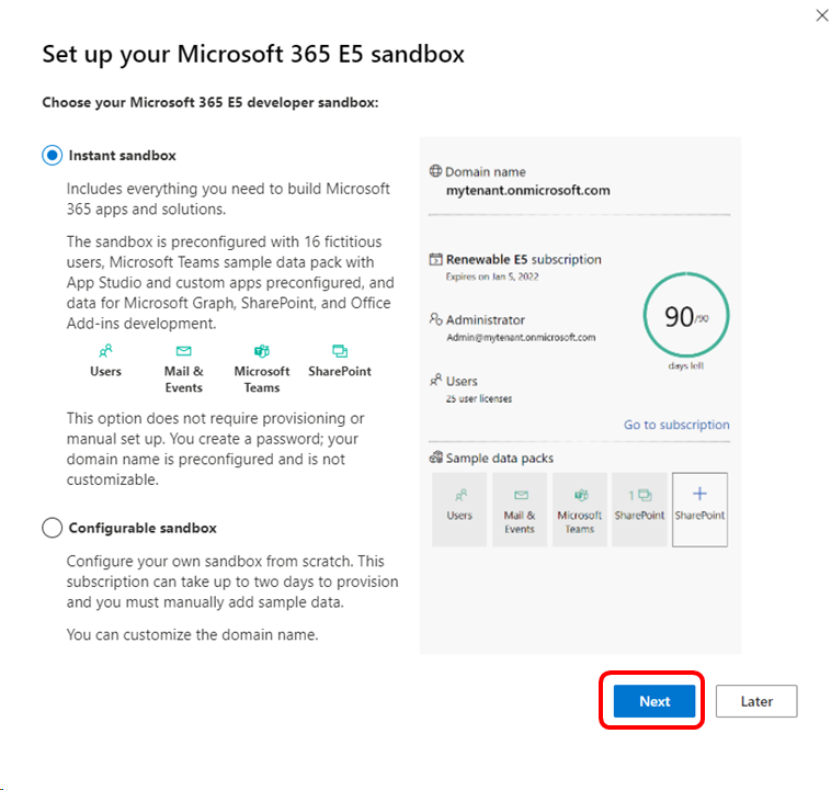 Microsoft 365 Developer サンドボックスの選択