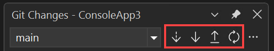 Visual Studio で [フェッチ]、[プル]、[プッシュ]、および [同期] ボタン コントロールが強調表示されている [Git Changes]\(Git の変更\) ウィンドウを示すスクリーンショット。
