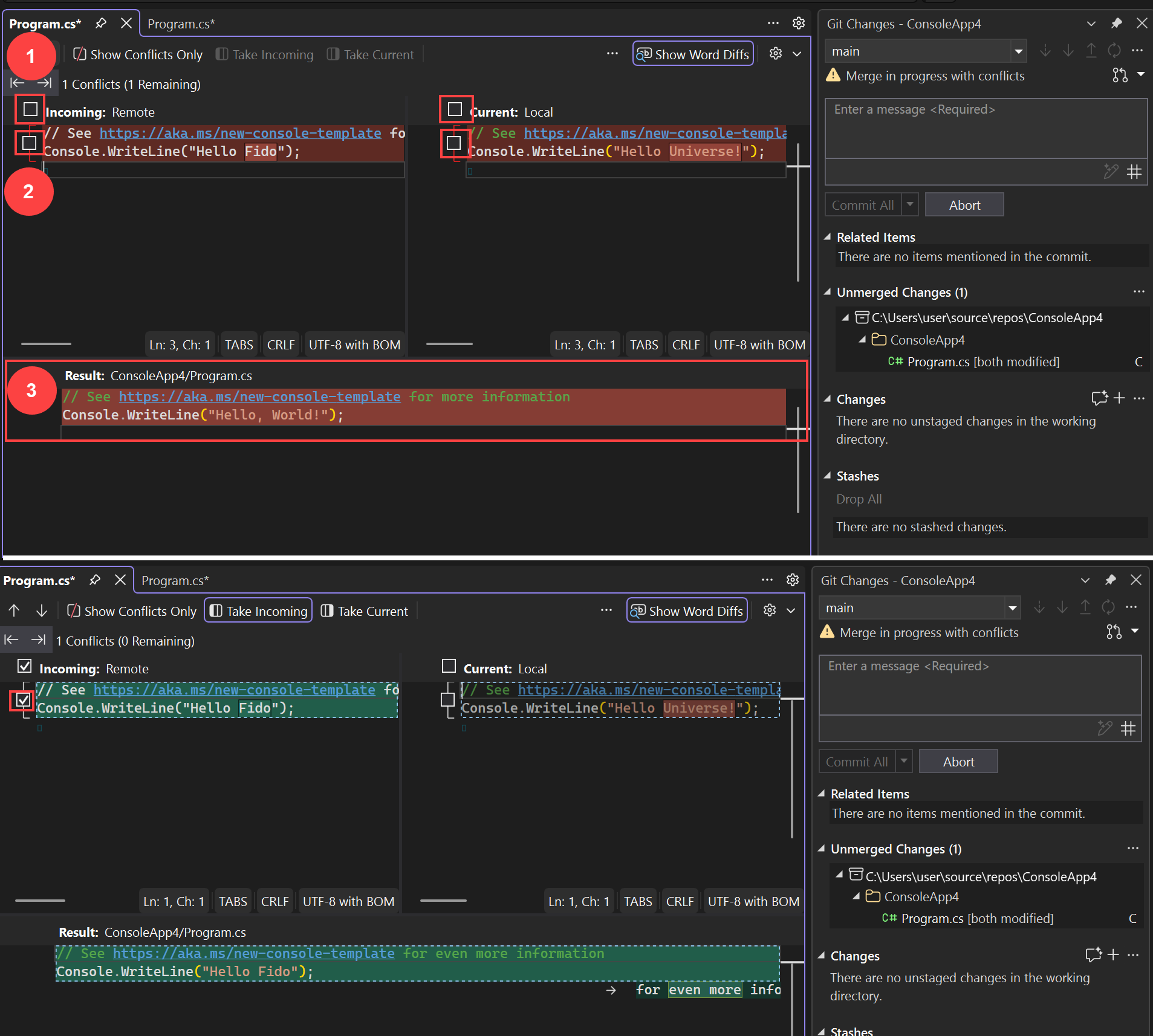 Visual Studio でマージの競合を解決する方法を示すスクリーンショット。