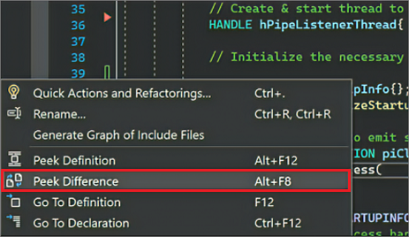 Visual Studio の右クリック コンテキスト メニューのスクリーンショット。[差分をプレビュー] を選択できます。