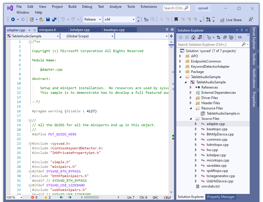 Sysvad プロジェクトから読み込まれた adapter.cpp ファイルを含む Visual Studio のスクリーンショット。