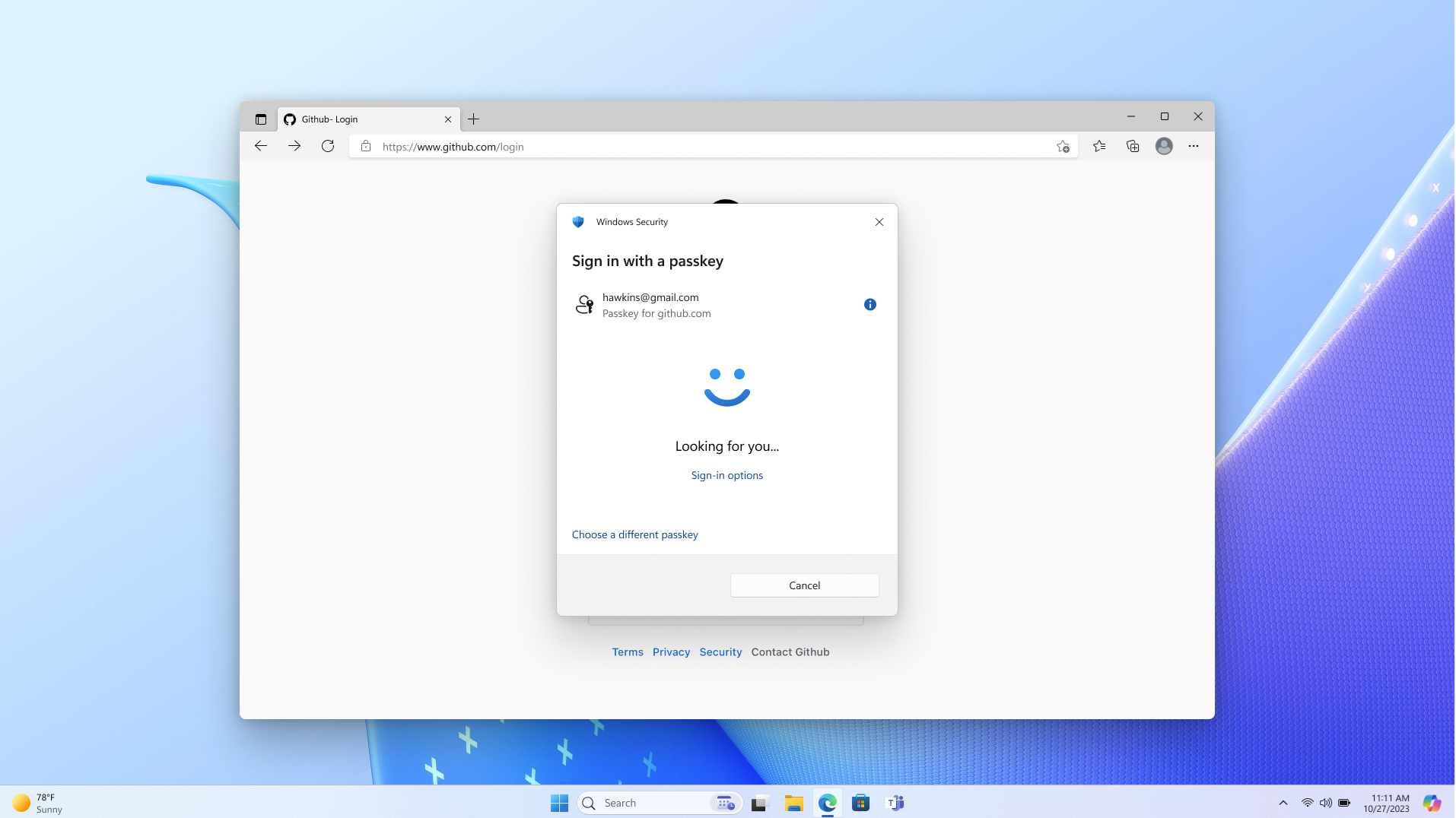ロック画面を使用した Passkey サインイン プロンプト