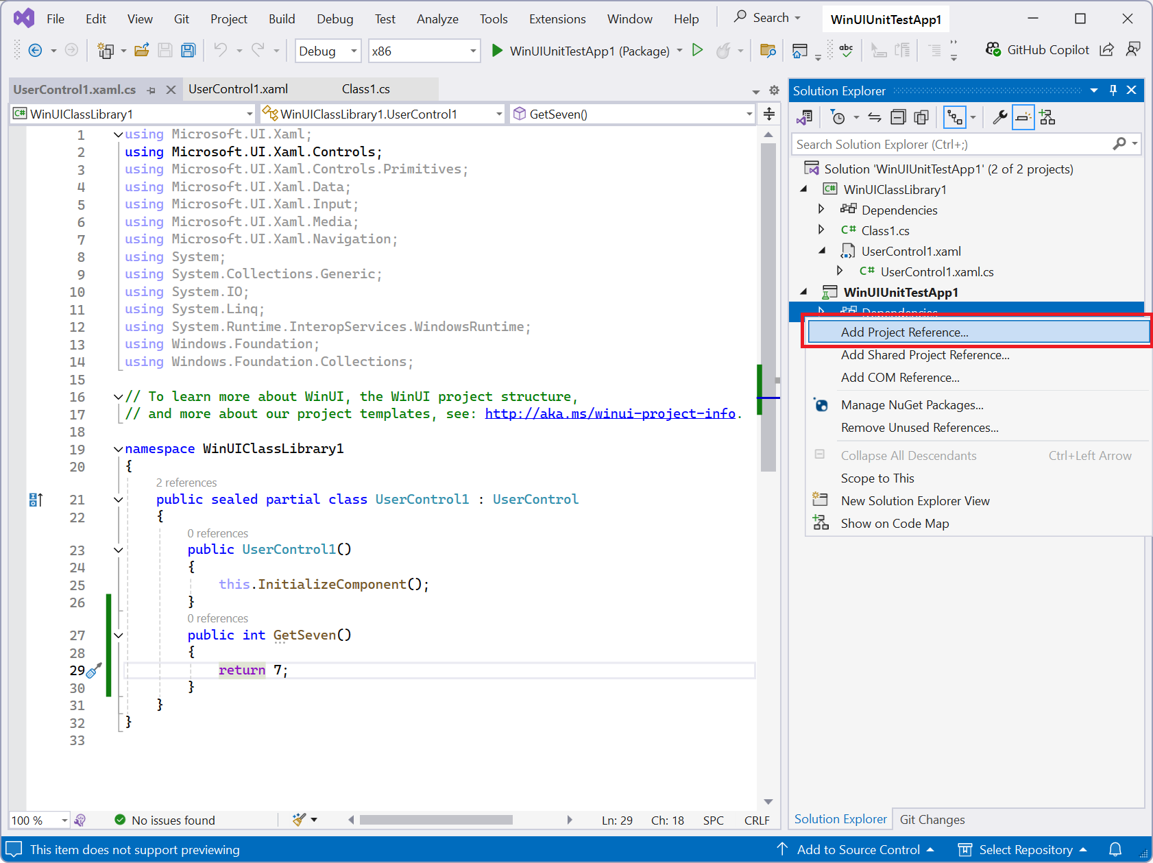 Visual Studio で、[依存関係] コンテキスト メニューの [プロジェクト参照の追加] が強調表示されたスクリーンショット