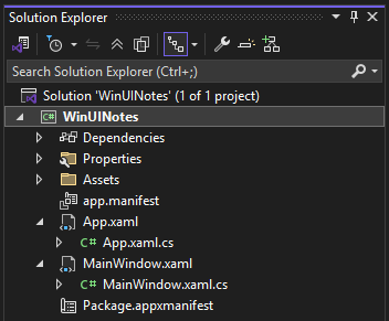 Visual Studio のソリューション エクスプローラーで WinUI プロジェクトのファイルを表示している様子。
