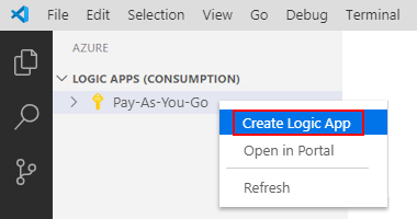 Screenshot that shows the the subscription shortcut menu, and Create Logic App.