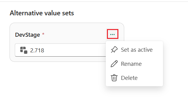 Skjermbilde av alternativene for redigering av et verdisett: angi som aktiv, gi nytt navn og slett.