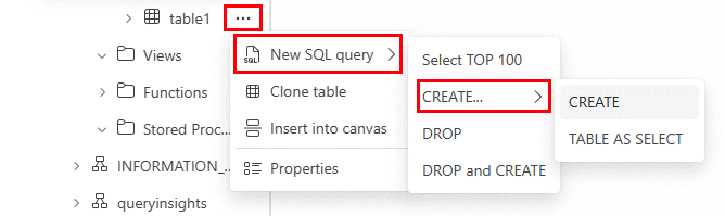 Skjermbilde fra Fabric-portalen som viser hvordan du skripter ut T-SQL for et databaseobjekt.