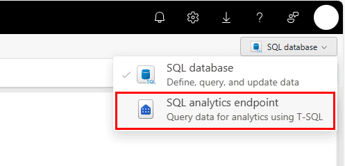 Skjermbilde fra Fabric-portalen for rullegardinlistevelgeren for SQL-databasen eller SQL Analytics-endepunktet.