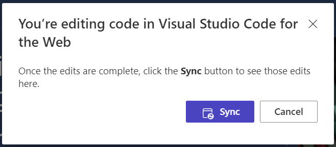 Interface for å la brukeren velge Synkroniser-knappen for å synkronisere endringer som er gjort i Visual Studio Code til design studio.