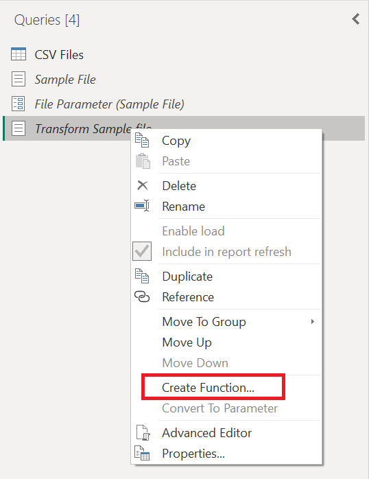 Skjermbilde av Create-funksjonen som brukes for Transform Sample-filspørringen.