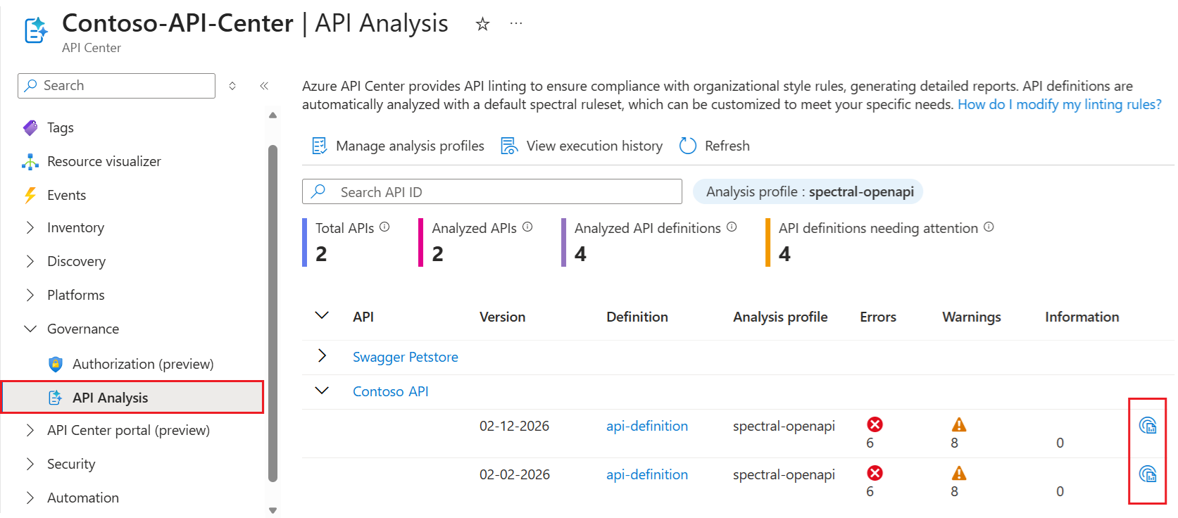 Captura de tela do resumo da análise de API no portal.