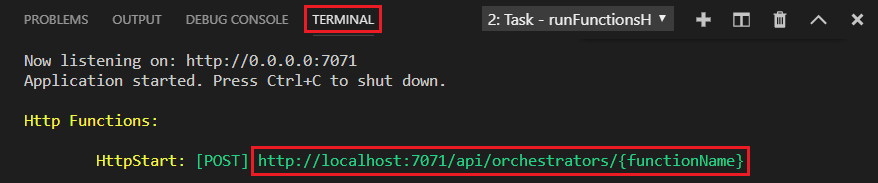 Captura de tela da saída local do Azure Functions no terminal mostrando a URL do ponto de extremidade HTTP.