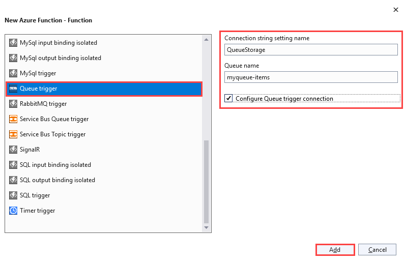 Captura de tela da caixa de diálogo Nova Função do Azure para um gatilho de fila, com o nome da cadeia de conexão definido como QueueStorage e a fila para myqueue-items.