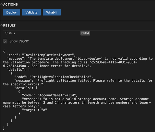 Captura de tela do erro de validação do painel de implantação no Visual Studio Code.