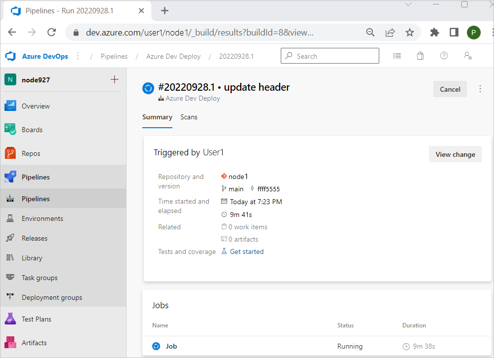 Screenshot do fluxo de trabalho GitHub em execução após a atualização de teste.