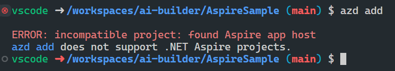 Uma captura de tela mostrando o erro de projeto incompatível do .NET Aspire.