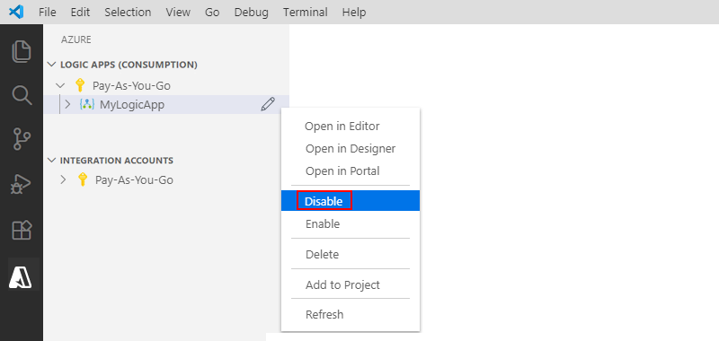 Captura de tela que mostra o Visual Studio Code e como desabilitar um recurso de aplicativo lógico.